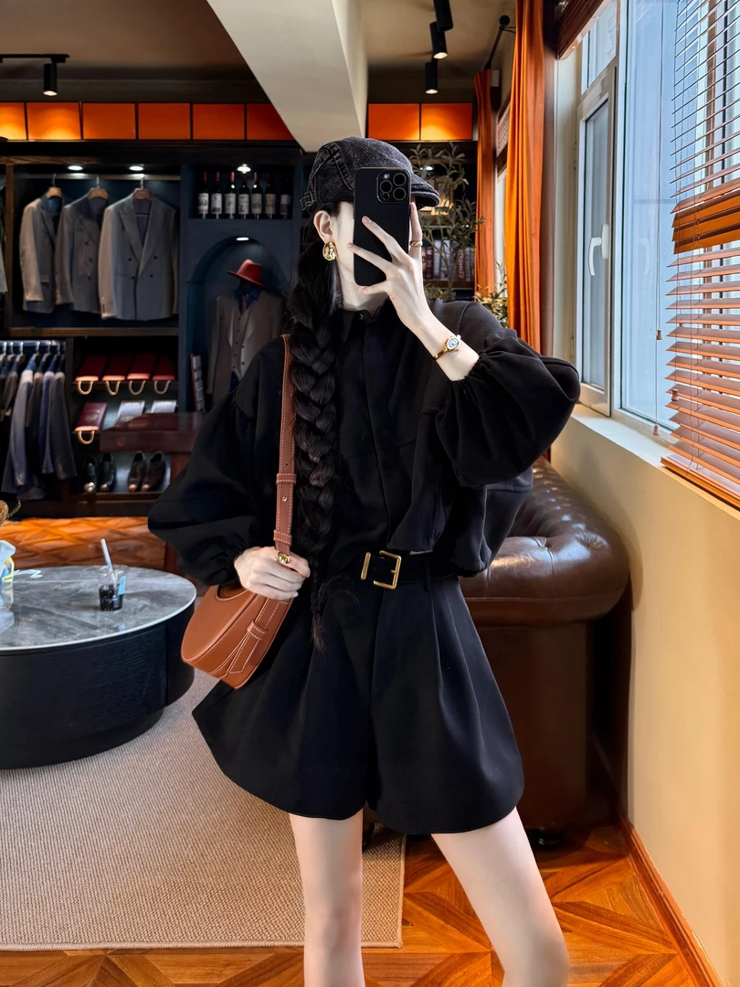【爵士酒廊】夏季时尚高级感甜酷富家千金黑色短上衣高腰短裤女套装