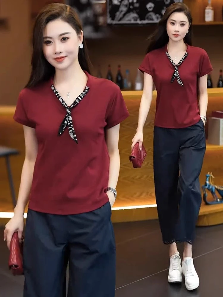 时尚休闲V领蝴蝶结短袖T恤女夏季新款时尚洋气韩版百搭减龄上衣