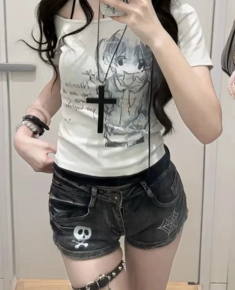 夏季复古显瘦印花设计感不规则个性辣妹时尚牛仔短裤