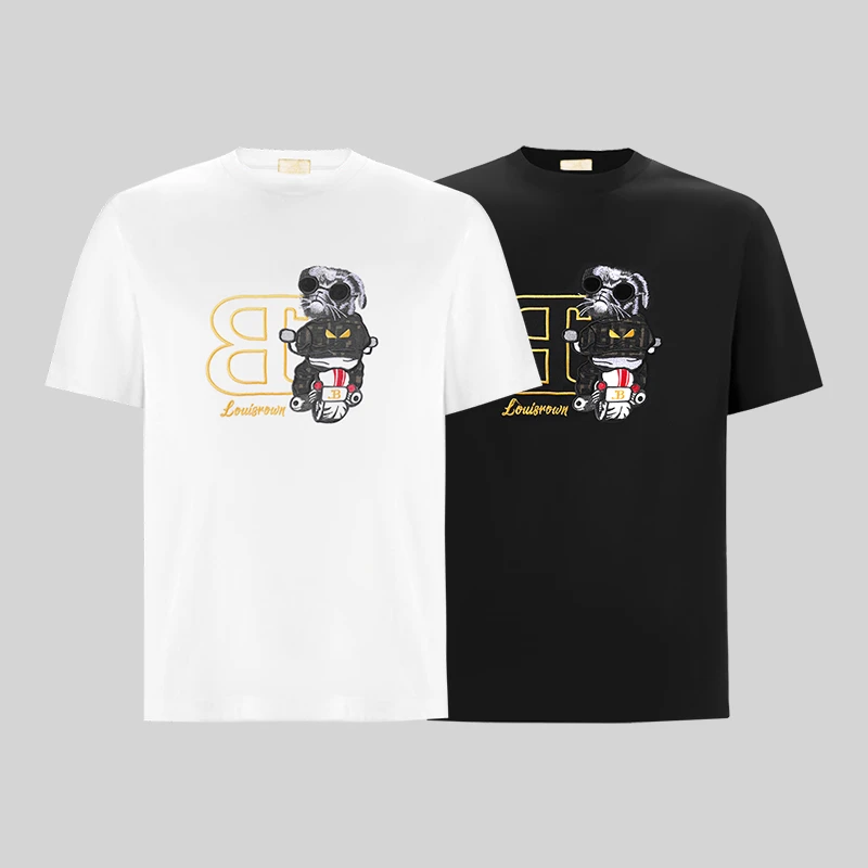 【高定男装】刺绣骑士法斗短袖夏季圆领潮流T恤重磅纯棉