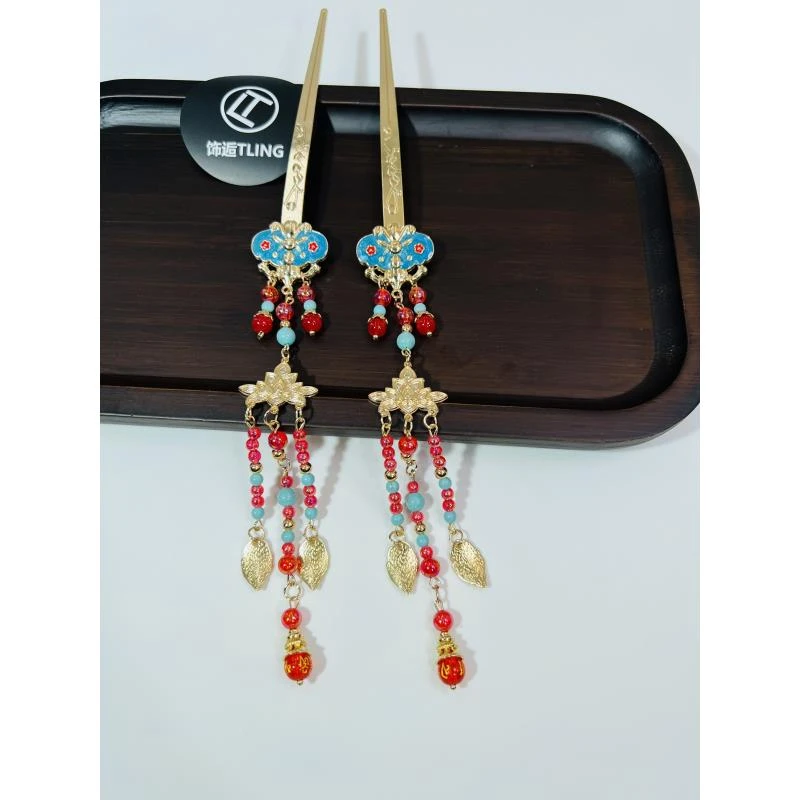 景泰蓝珐琅，敦煌原创珐琅彩烧蓝流苏步摇发簪对拆新中式（8812）