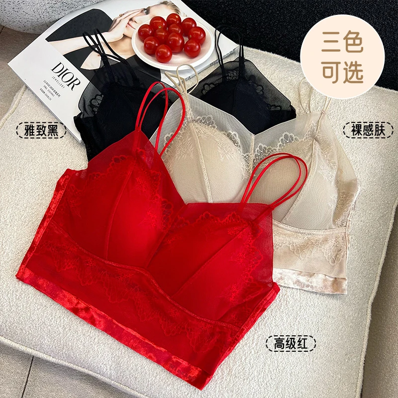 冬季丝绒保暖蕾丝内衣女士加绒打底背心自带胸垫一体文胸罩