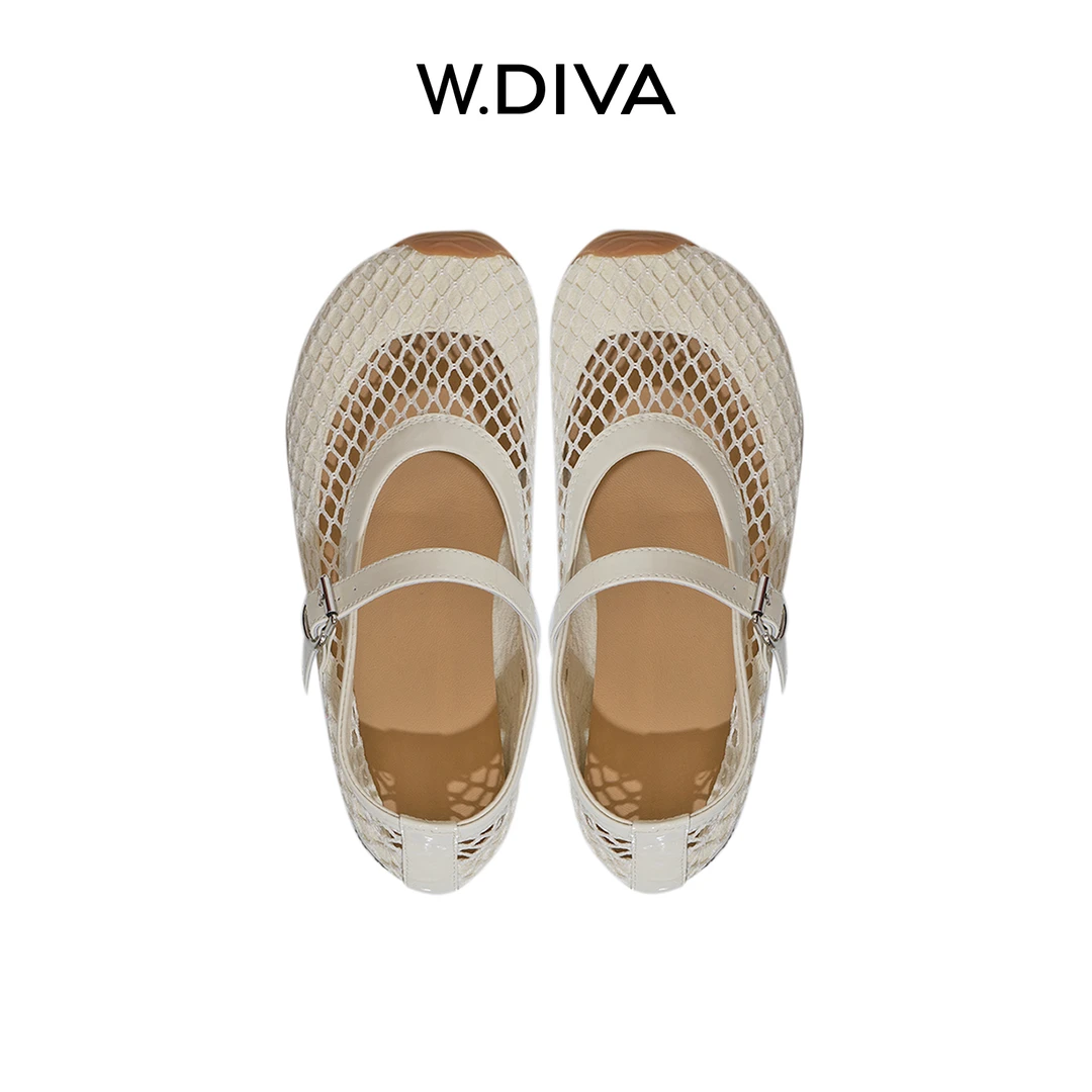 W.Diva【曼舞】夏季新款网眼镂空一字带牛皮拼接芭蕾舞鞋52X042586