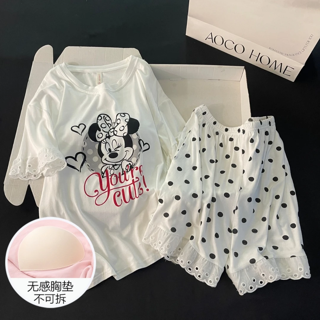 睡衣女夏季短袖大码带胸垫2025新款圆点米奇家居服套装
