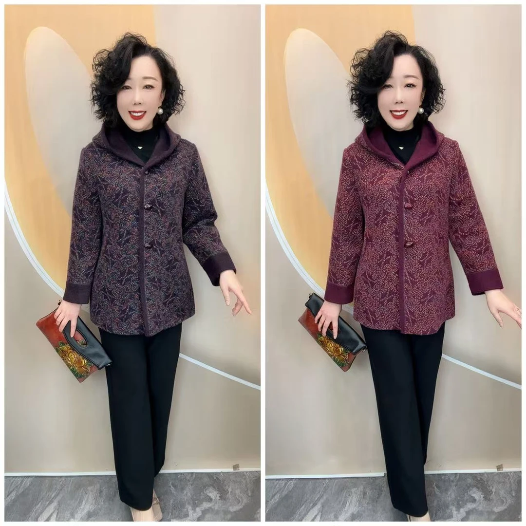 572新款优雅妈妈艺术碎花加里衬时尚款大方厚外套，72衣长