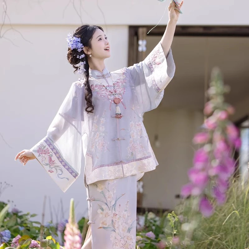 新款原创【一曲紫鸢】民国风印花旗袍对襟绣花圆领衫淡雅汉服女套装