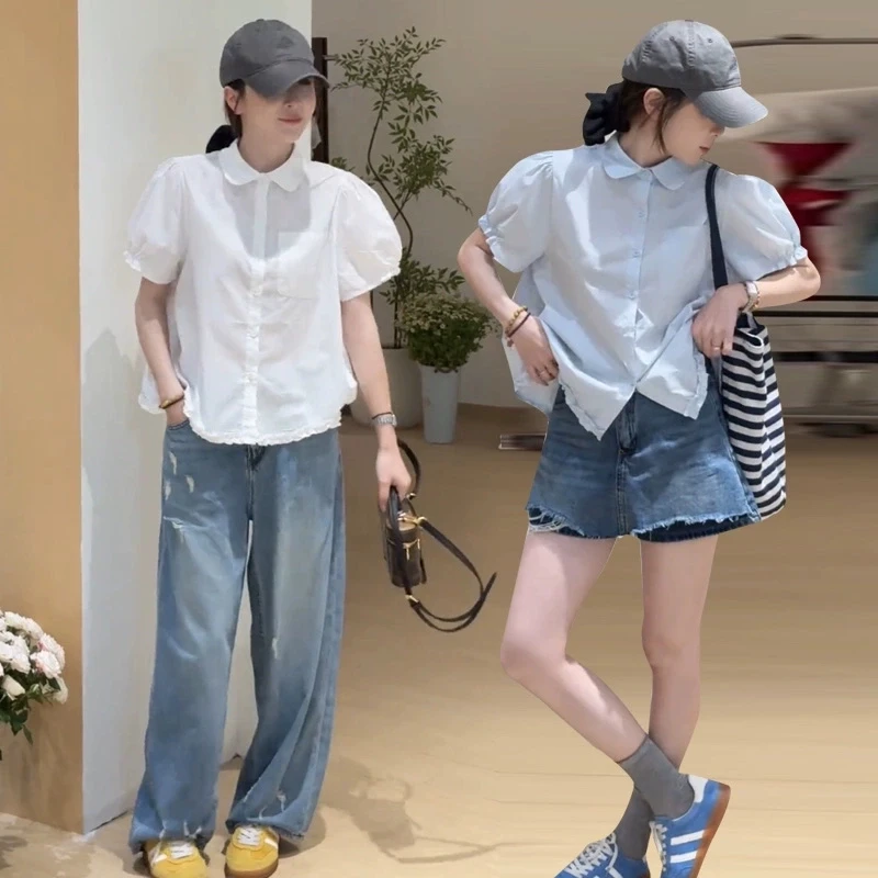 今年流行设计感泡泡短袖衬衫女2025年夏季新款超好看减龄花边小衫