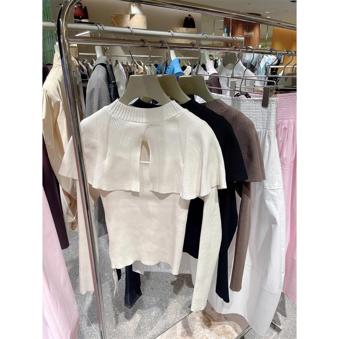 美子酱 日系甜美纯色荷叶边挖空披肩毛衣针织衫上衣女 S4131-2