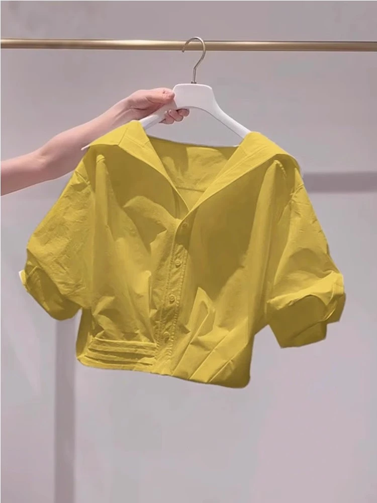 超好看黄色翻领短袖财阀千金衬衫女夏季新款慵懒风短款上衣潮