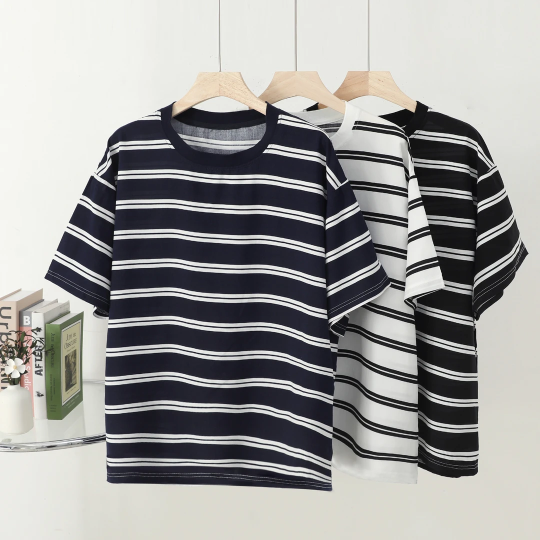 范范家【人造棉】男士细纱条纹休闲圆领百搭棉绸T恤605