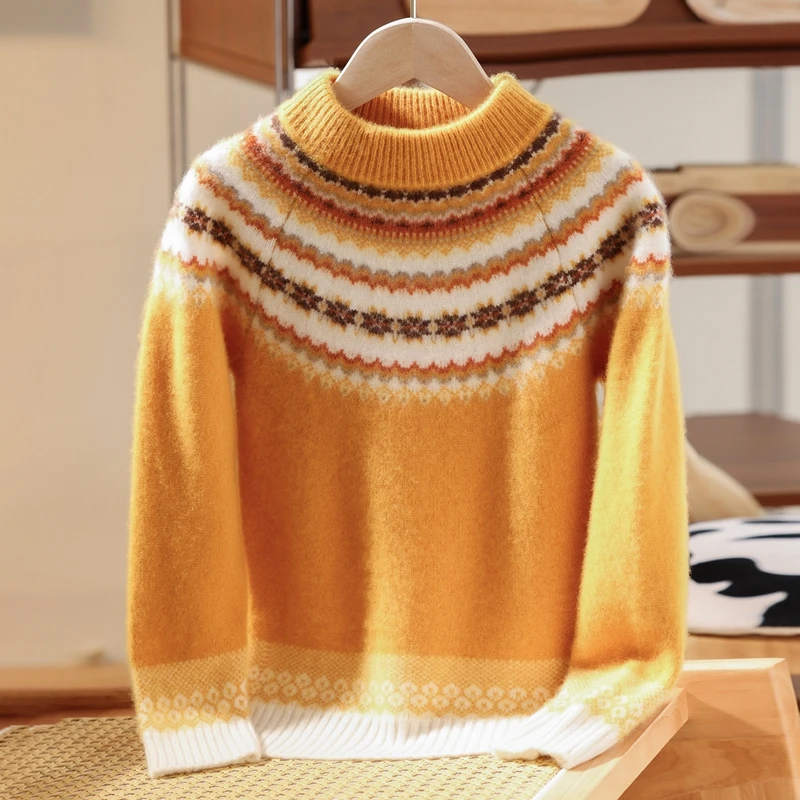 费尔岛图案儿童半高领100%纯羊毛衫男童套头毛衣女童针织打底衫