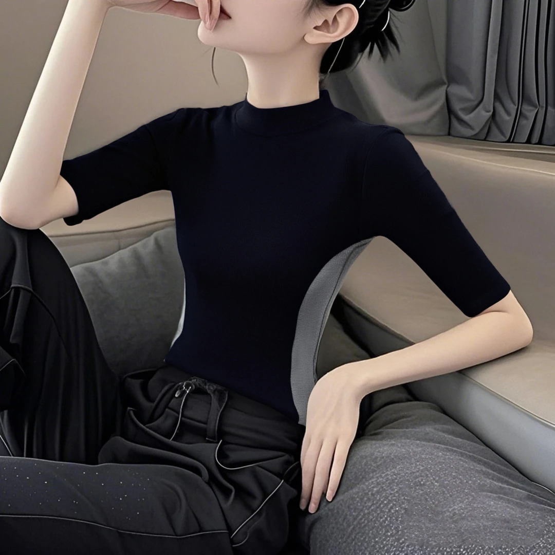 2025春秋新款螺纹拼色中袖t恤女修身半高领打底2025秋季新款内搭