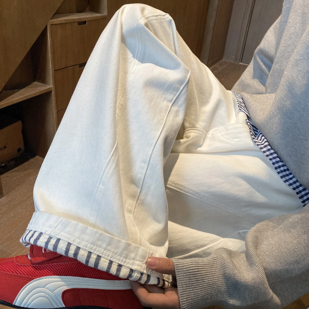 2025春秋季新款美式裤脚条纹拼接设计宽松休闲裤直筒青少年长裤