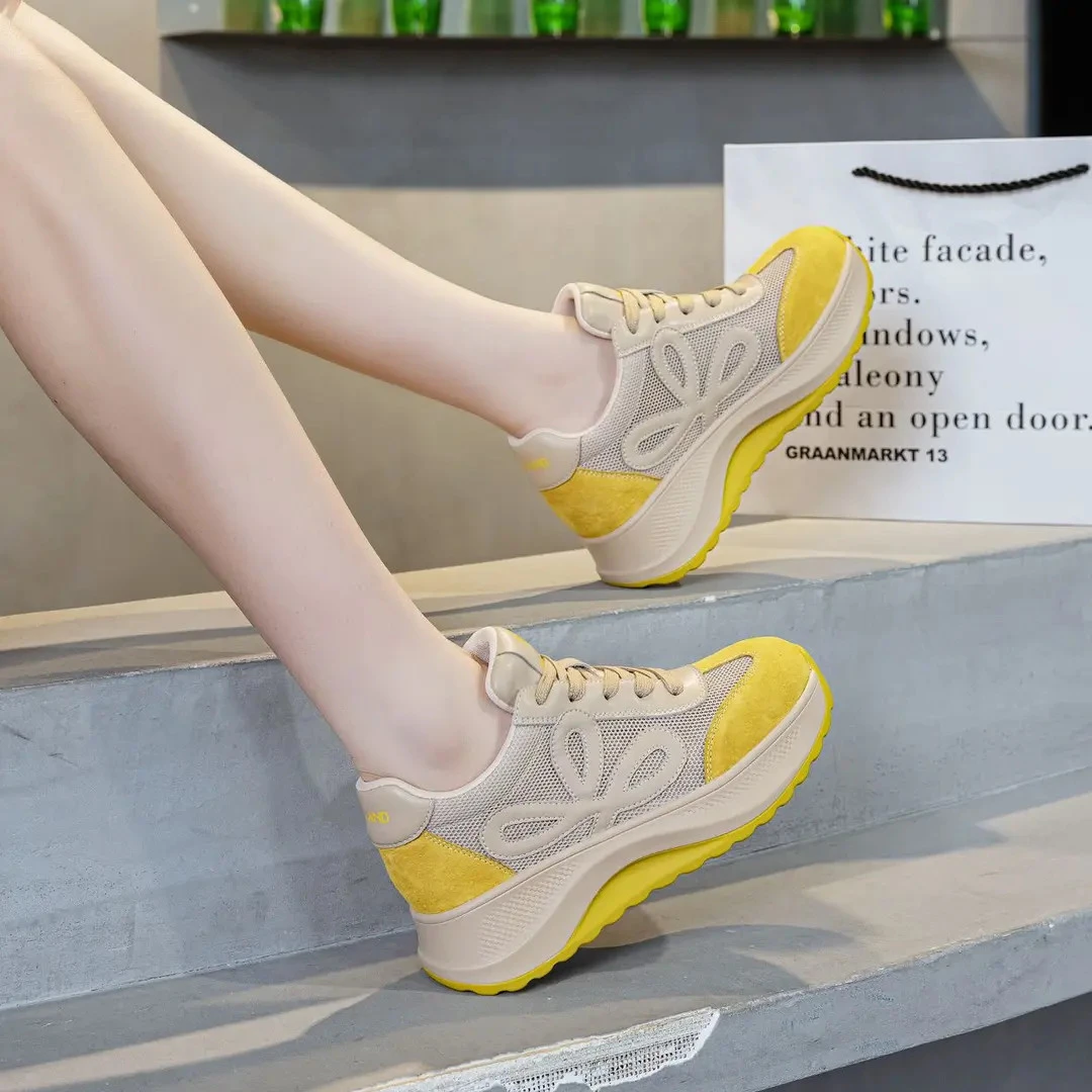 雨土2025新款透气网面健身运动休闲鞋女软底不累脚厚底增高老爹鞋