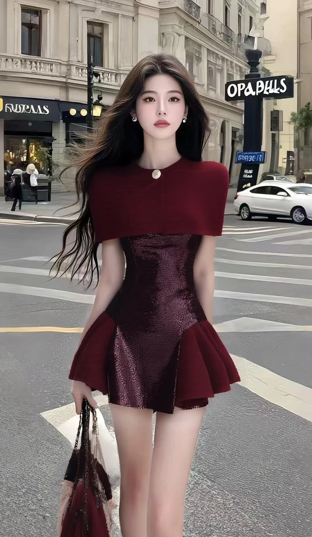 酒红色新款辣妹时尚气质小众设计感辣妹修身连衣裙显瘦收腰纯欲