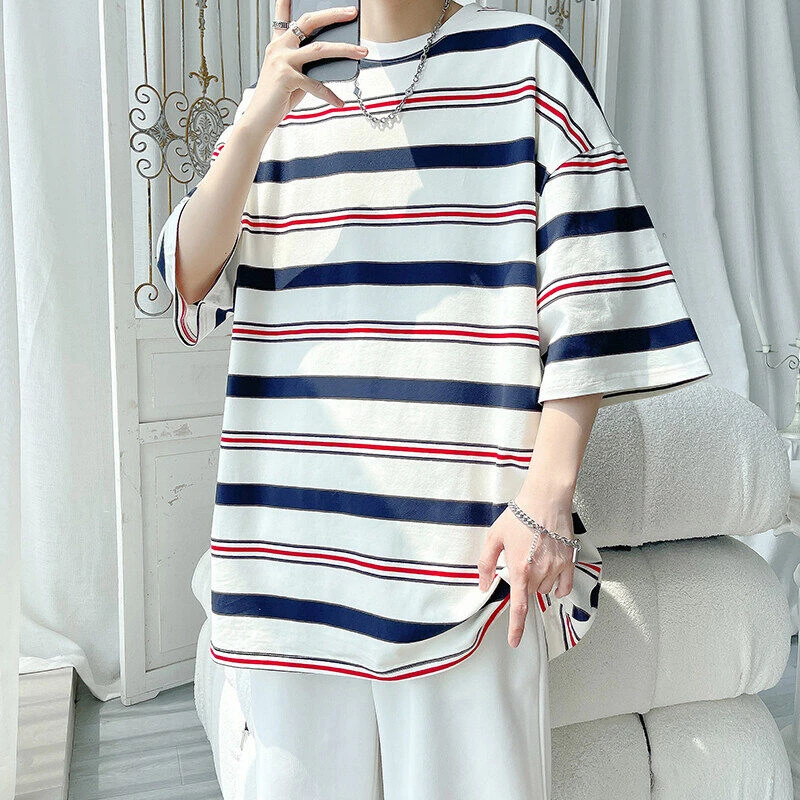 夏季新款青少年韩版潮流条纹宽松圆领短袖休闲时尚T恤男百搭帅气