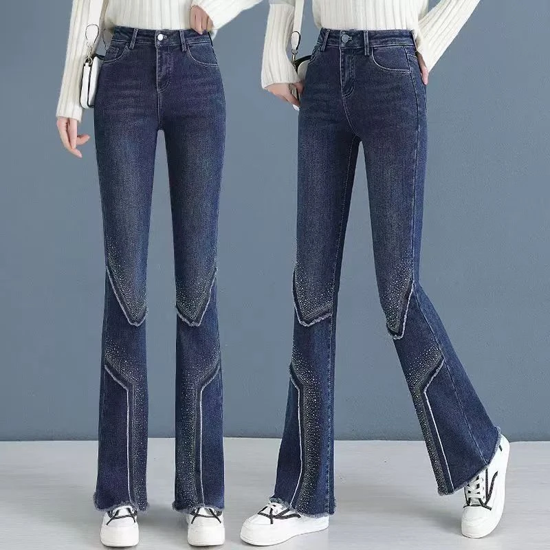 3671【裤长99】薄绒毛边烫钻牛仔微喇裤女2025春季新款显瘦休闲裤