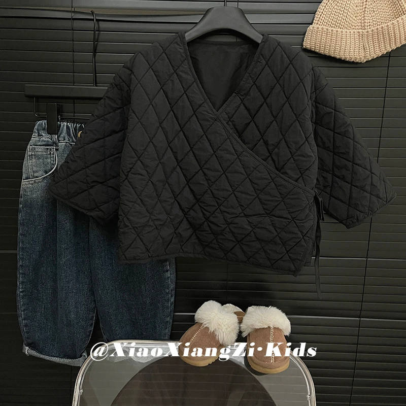 冬装儿童韩版个性休闲宽松菱格几何V领个性保暖棉服HDM3020-QQQQ