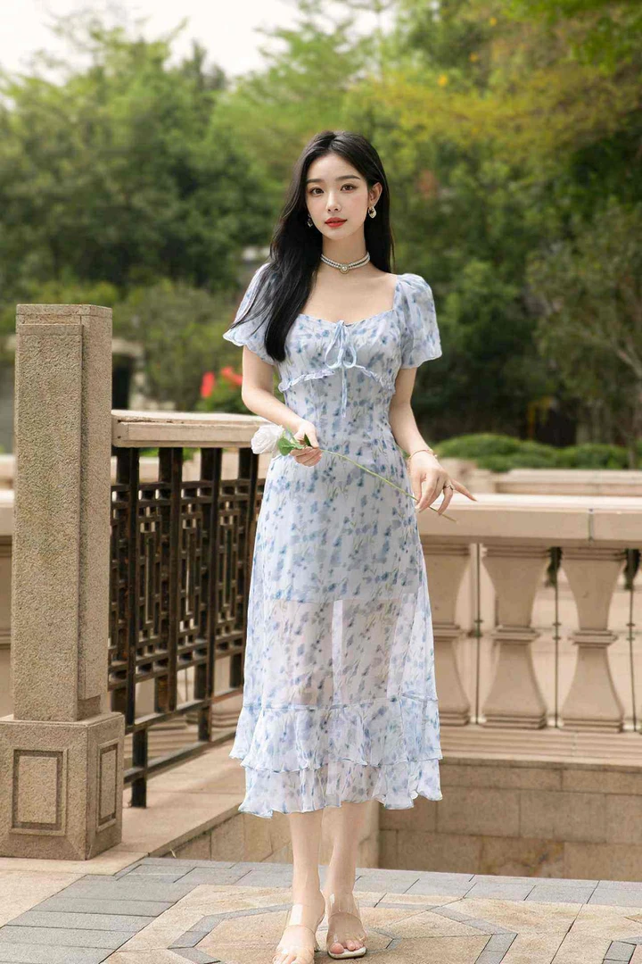 S-XL南油夏季新款方领荷叶边碎花连衣裙SH24