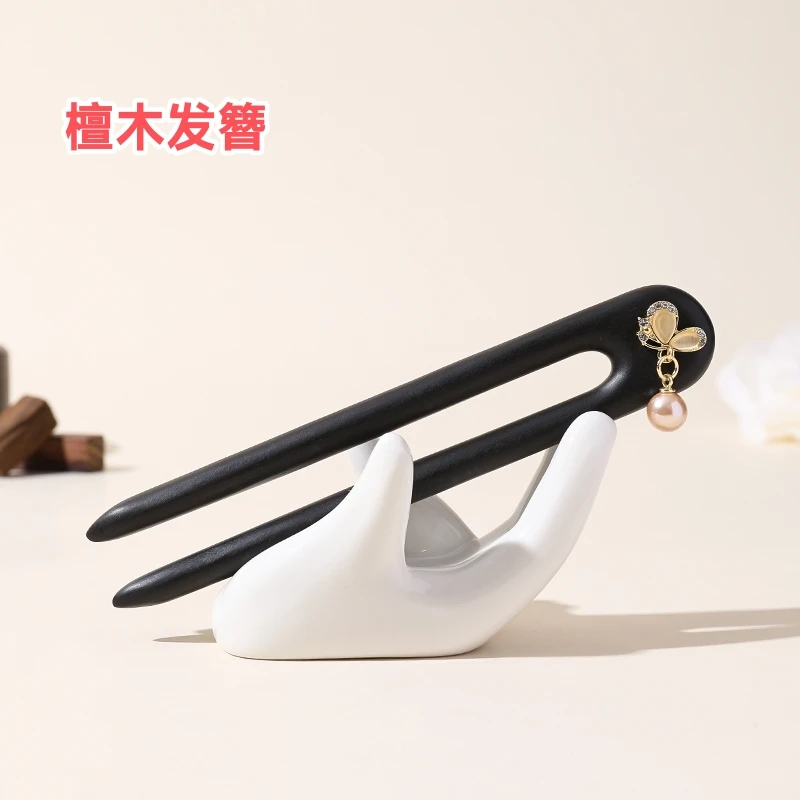 檀木发簪双面蝴蝶双钗U型简约日常盘发木簪