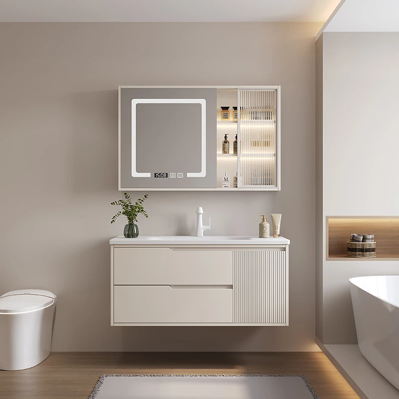 全橡胶木烤漆奶油风广东一体盆小户型浴室柜组合卫生间洗漱洗脸盆