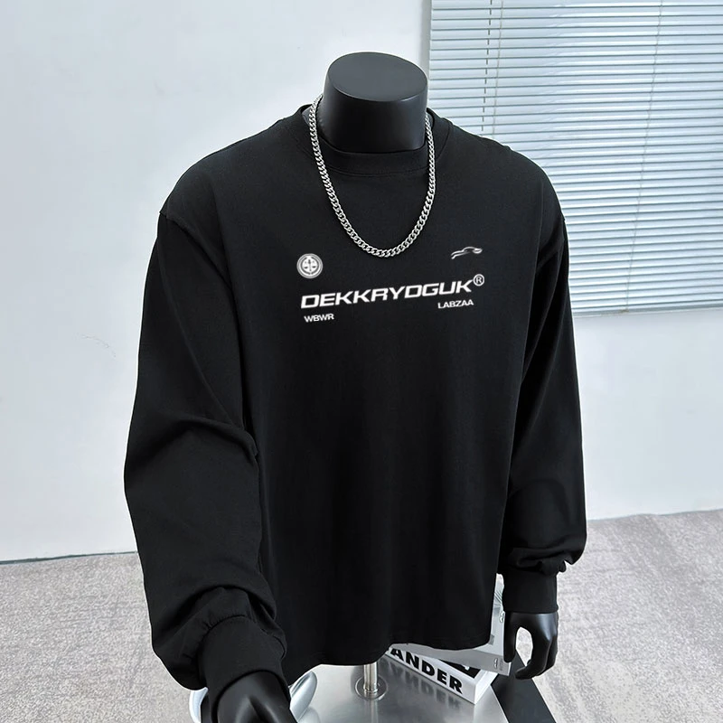 美式潮牌创意字母黑色长袖t恤男款秋季纯棉重磅套头打底上衣百搭