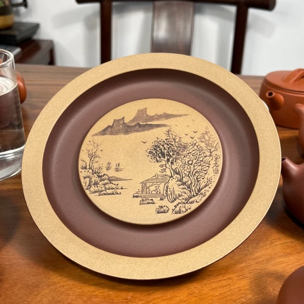 茶周边 紫砂干泡台壶承 段泥粉色 手工刻绘 直径约18.5厘米