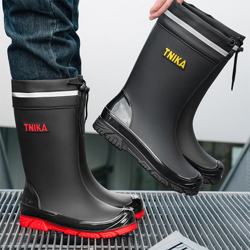 雨鞋男款秋冬松紧口拉绳高筒雨靴防水防滑钓鱼厚底胶鞋春夏款水鞋