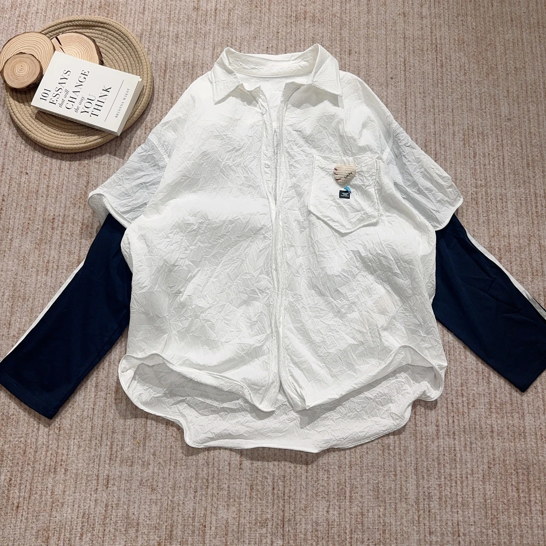 2025秋季新款休闲宽松百搭拼接衬衫长袖外套4690