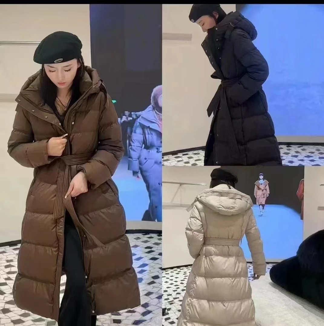 韩版宽松鸭绒长款女装宽松长款收腰女网红女款时尚休闲女士连帽