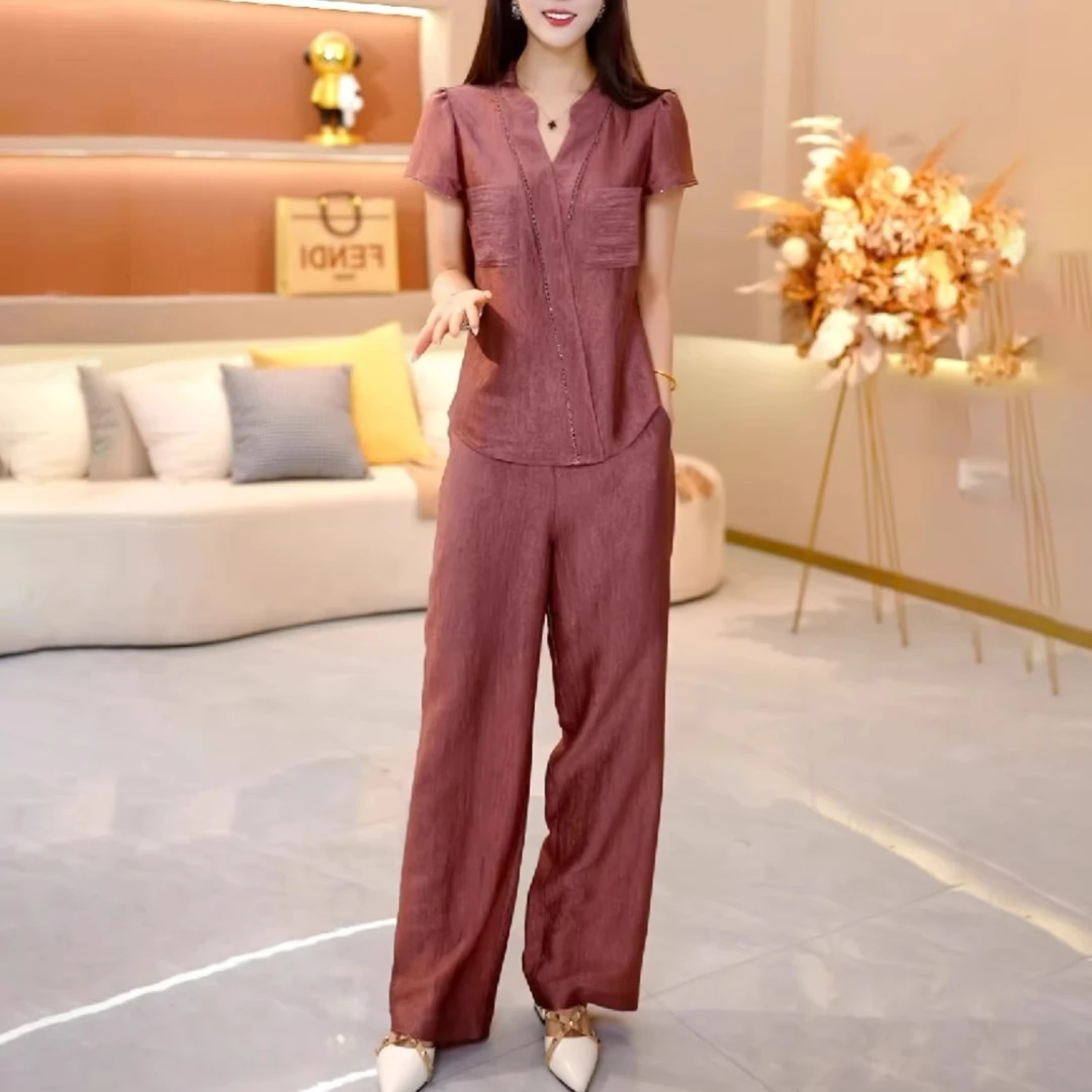中年妈妈夏装宽松舒套装2025新款贵夫人夏季高贵优雅V领两件套女