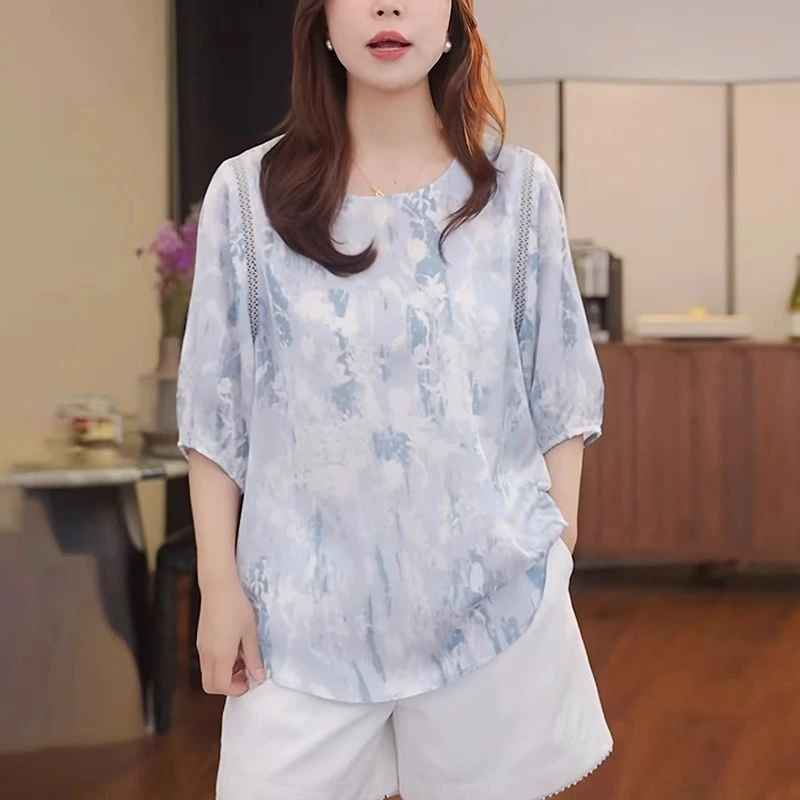 女士印花衬衫2025夏季新款时尚减龄宽松显瘦洋气别致小衫镂空上衣