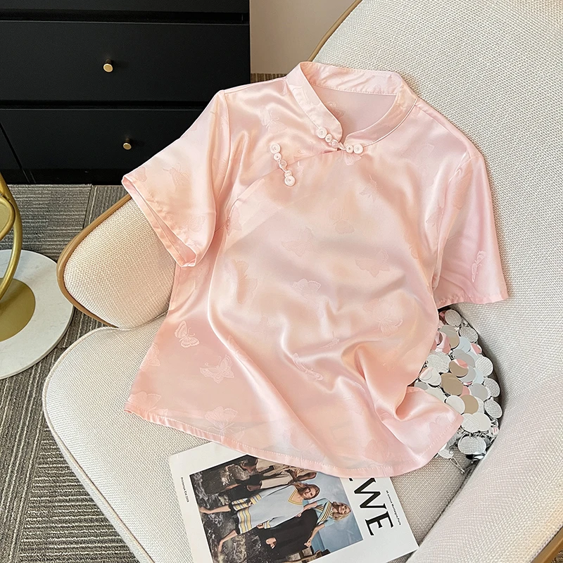 夏季新中式国风短袖衬衫女斜襟上衣复古百搭时尚气质显瘦小衫女潮