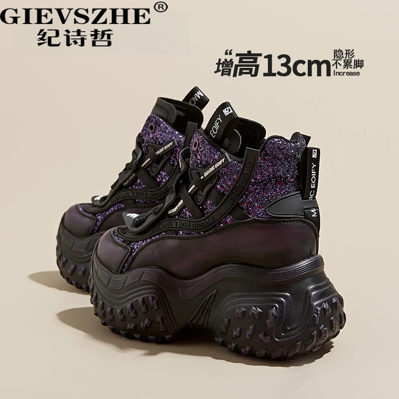 纪诗哲厚底老爹鞋女款2025新款秋冬黑色增高13CM高帮女鞋百搭做旧