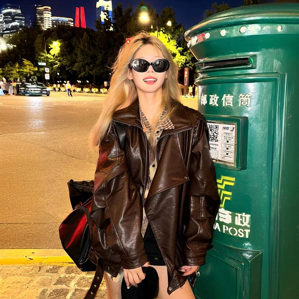 2025早秋新款美式复古皮衣外套男女设计感pu机车夹克宽松痞帅上衣