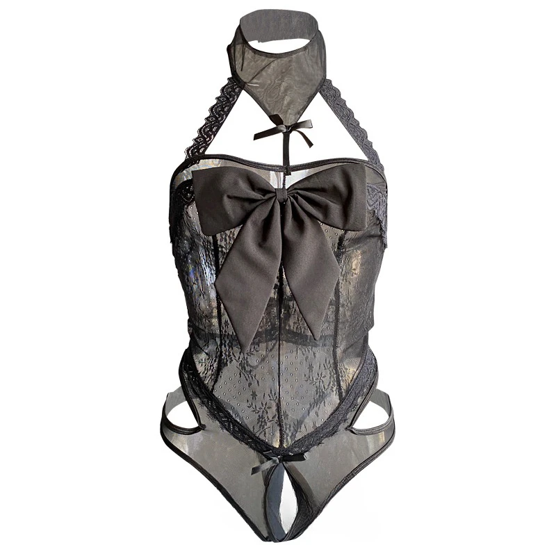 性感时尚气质挂脖显瘦辣妹纯欲修身设计感黑色诱惑蕾丝蝴蝶结睡衣