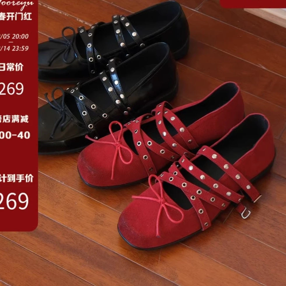 版~红色蝴蝶结小单鞋女2025秋季复古浅口铆钉芭蕾平底鞋