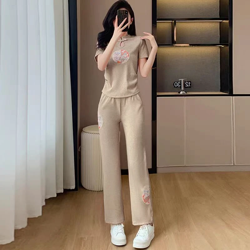 8807运动休闲时尚新中式套装女夏季新款国风绣花上衣阔腿裤两件套