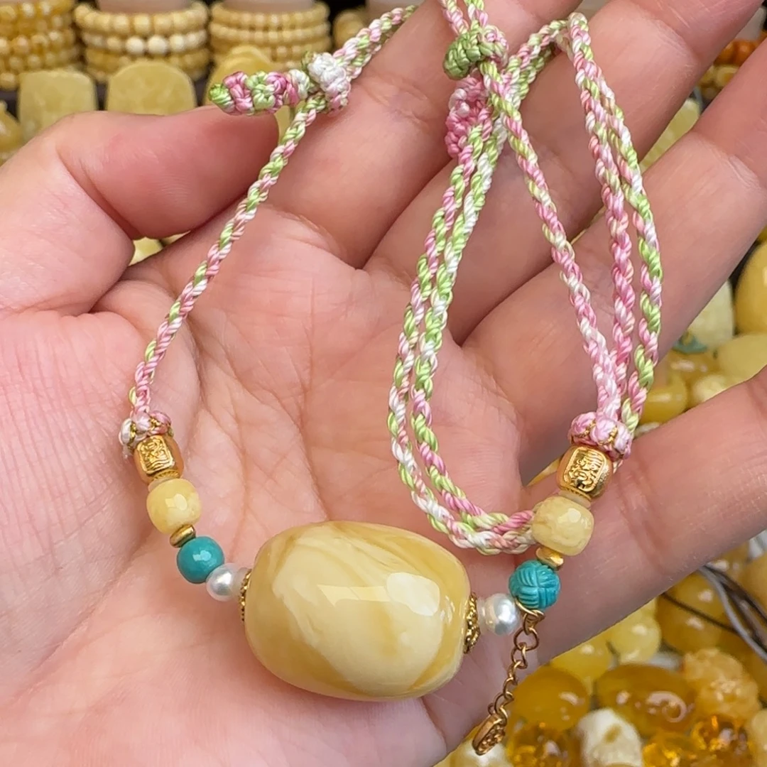 琥珀未镶嵌套链天然俄料浓白妖花蜜蜡桶珠锁骨