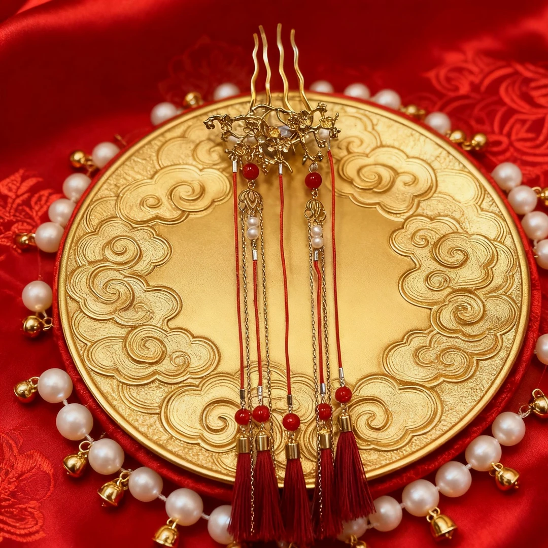 【朱缨金云】中国风汉服头饰长流苏发簪百搭古风发簪梅花枝发饰B012