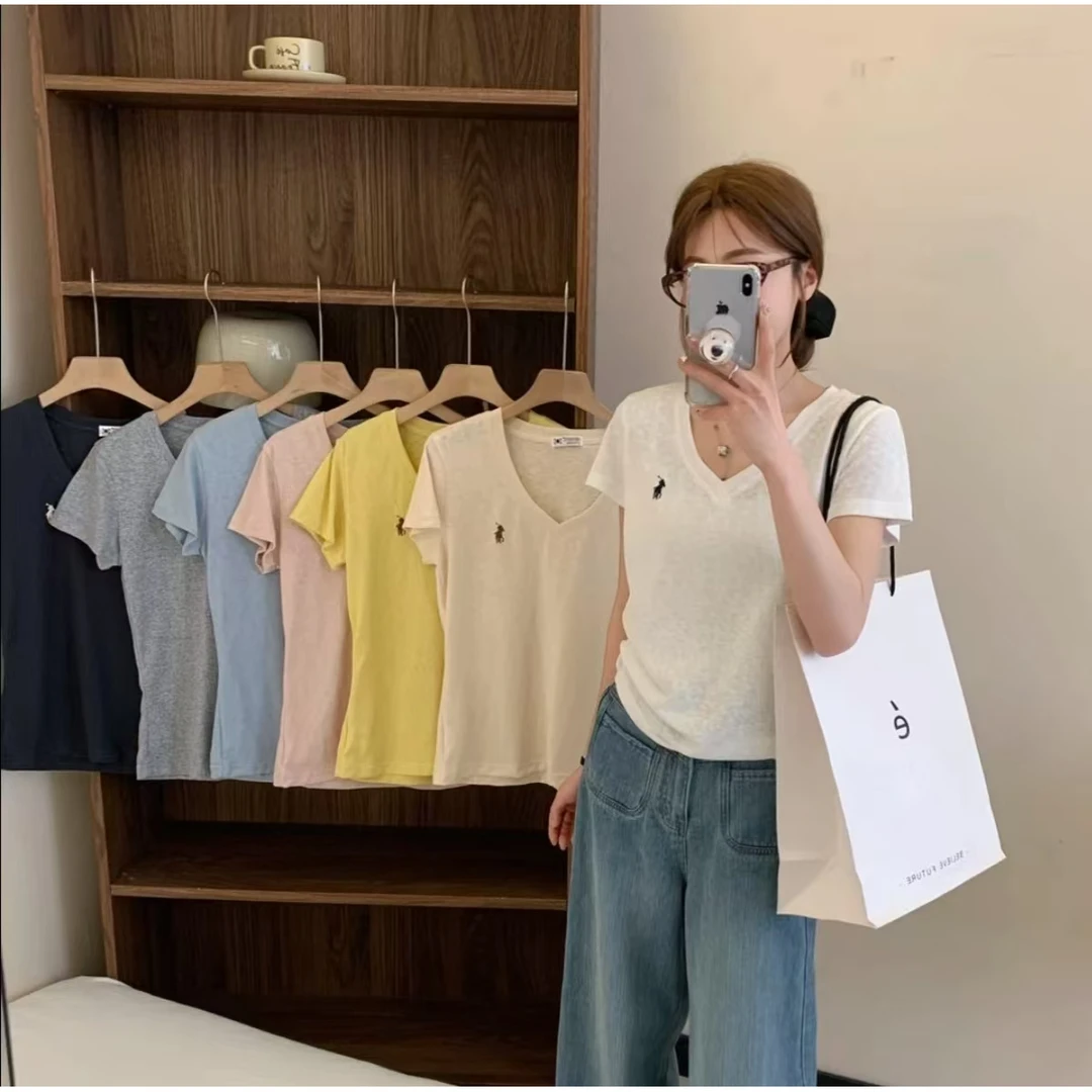 纯色短袖宽松时尚T恤拼接V领百搭休闲雪花棉韩版刺绣上衣