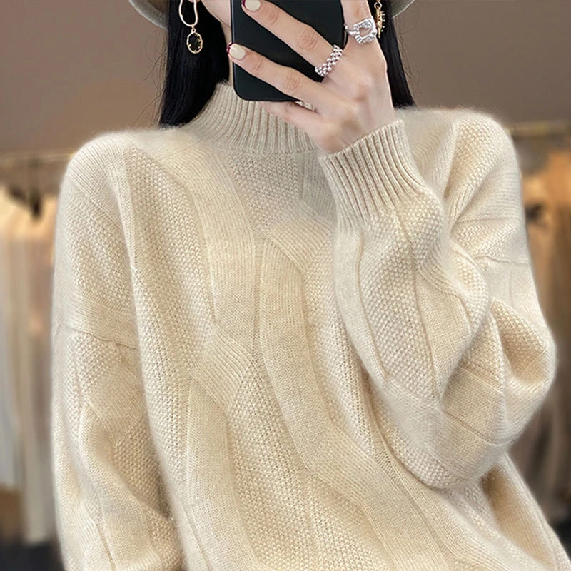 秋冬新款厂家直供女士半高领打底衫纯色提花宽松百搭毛衣针织衫安