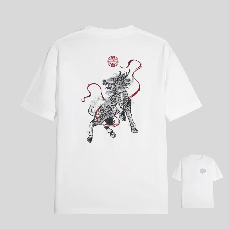 T204国潮中国风重工麒麟刺绣高级感轻奢男T恤短袖爆款半袖体恤