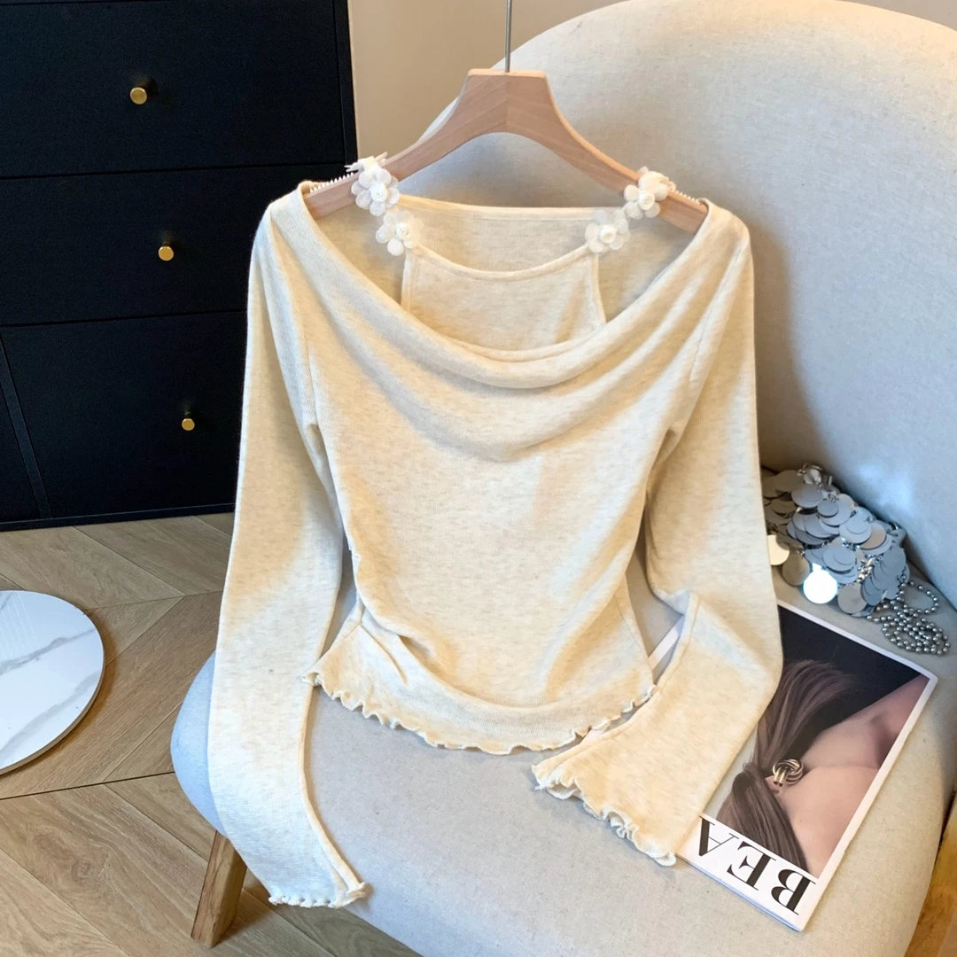 纯欲木耳边荡领露肩长袖针织衫女款春秋设计感假两件上衣别致小衫