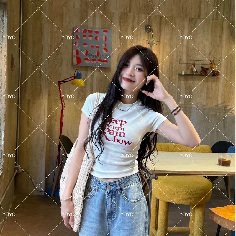 YOYO自制【红色字母】短袖印花字母短款T恤夏季修身韩版白色T恤