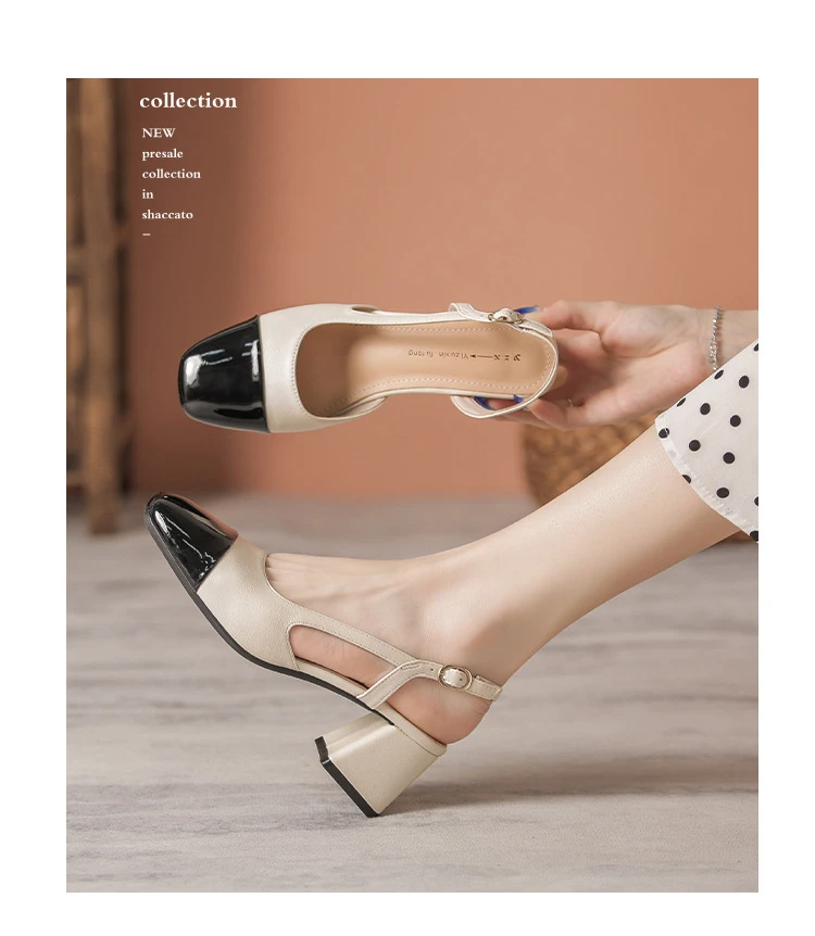 黑杏拼接4CM真皮女鞋春秋单鞋子小香风上班办公穿粗跟拖包头凉鞋