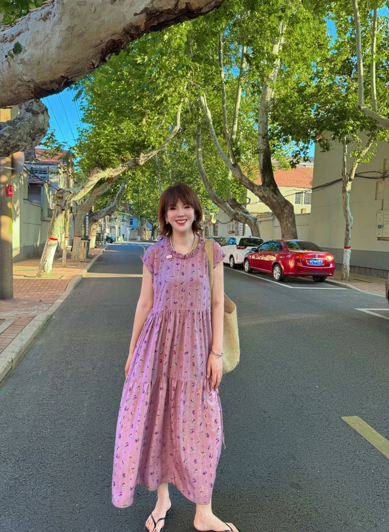 木子静−「十亩花田」夏季日常通勤气质显瘦减龄棉绸连衣裙