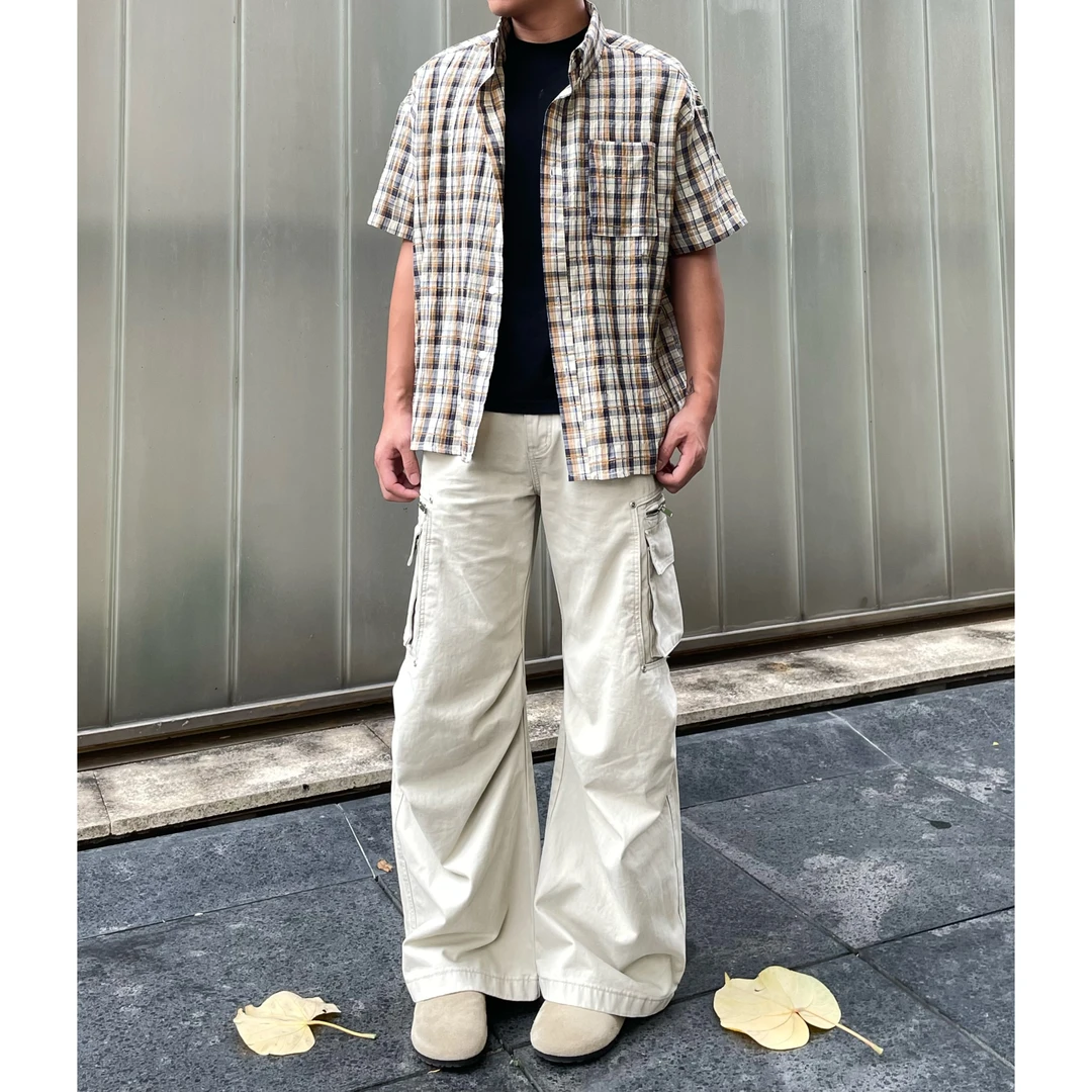 黑熊夏季美式街头做旧复古拉链大口袋工装宽松阔腿褶皱牛仔裤008