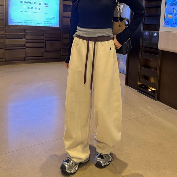 秋冬(加绒加厚)刺绣拼色高腰束脚两穿阔腿裤秋冬