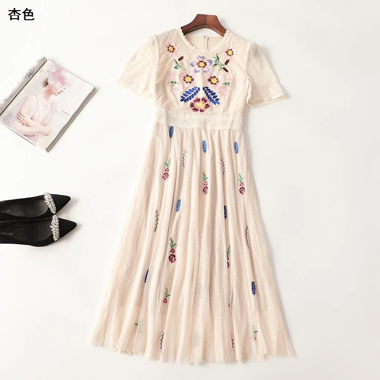 410813夏加长款短袖圆领新款复古连衣裙